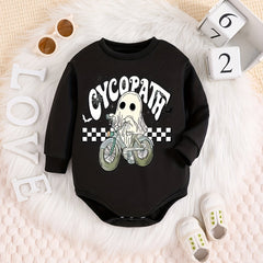 Cartoon Ghost Riding Bike Halloween Onesie Newborn Long Sleeve