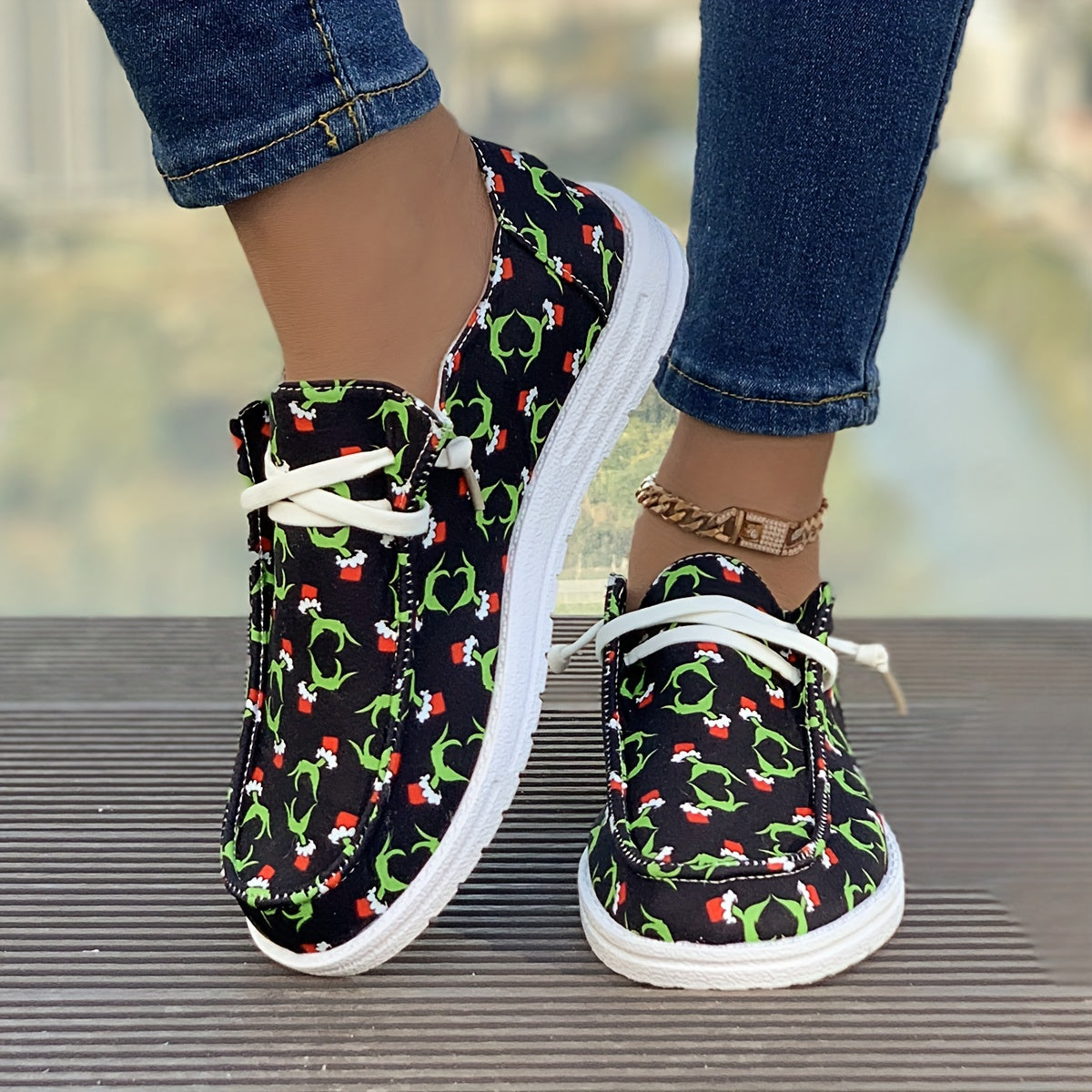 Christmas Print Flat Sporty Loafers Shoes Casual Non Slip Boat Shoes