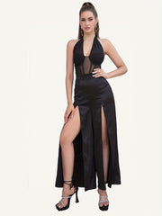 Contrast Mesh Split Halter Jumpsuit Backless Sexy Jumpsuit