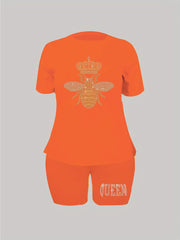 Rhinestone Bee & Crown Print Crop Top & Shorts Set