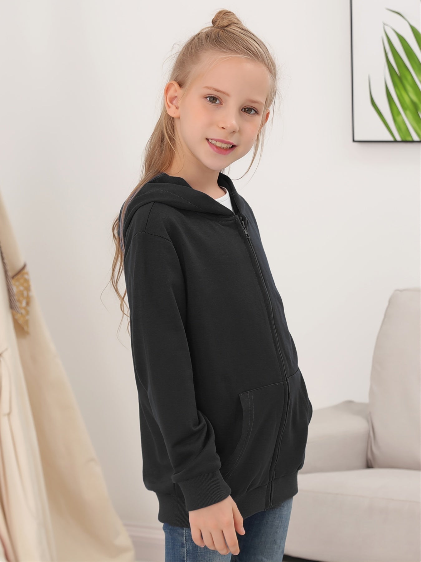 Girls Zip Up Hoodie Plain Jacket Hooded Sweatshirt