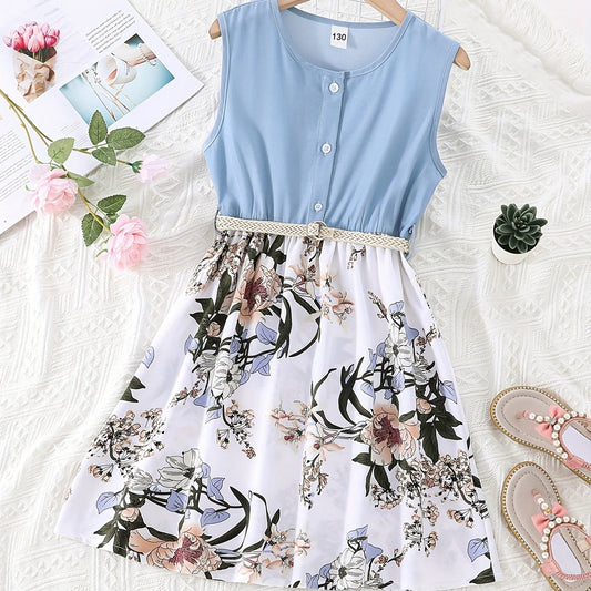 Girls' Floral Skirt & Tank Top Patchwork Dress