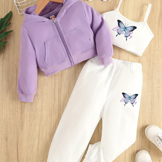 Girl's Butterfly 3pc Zip Up Hoodie & Cami Top & Sweatpants Set