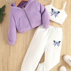 Girl's Butterfly 3pc Zip Up Hoodie & Cami Top & Sweatpants Set