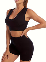 2pcs Yoga Sports Set Crop Top & Hollow Butt Lifting Shorts Activewear