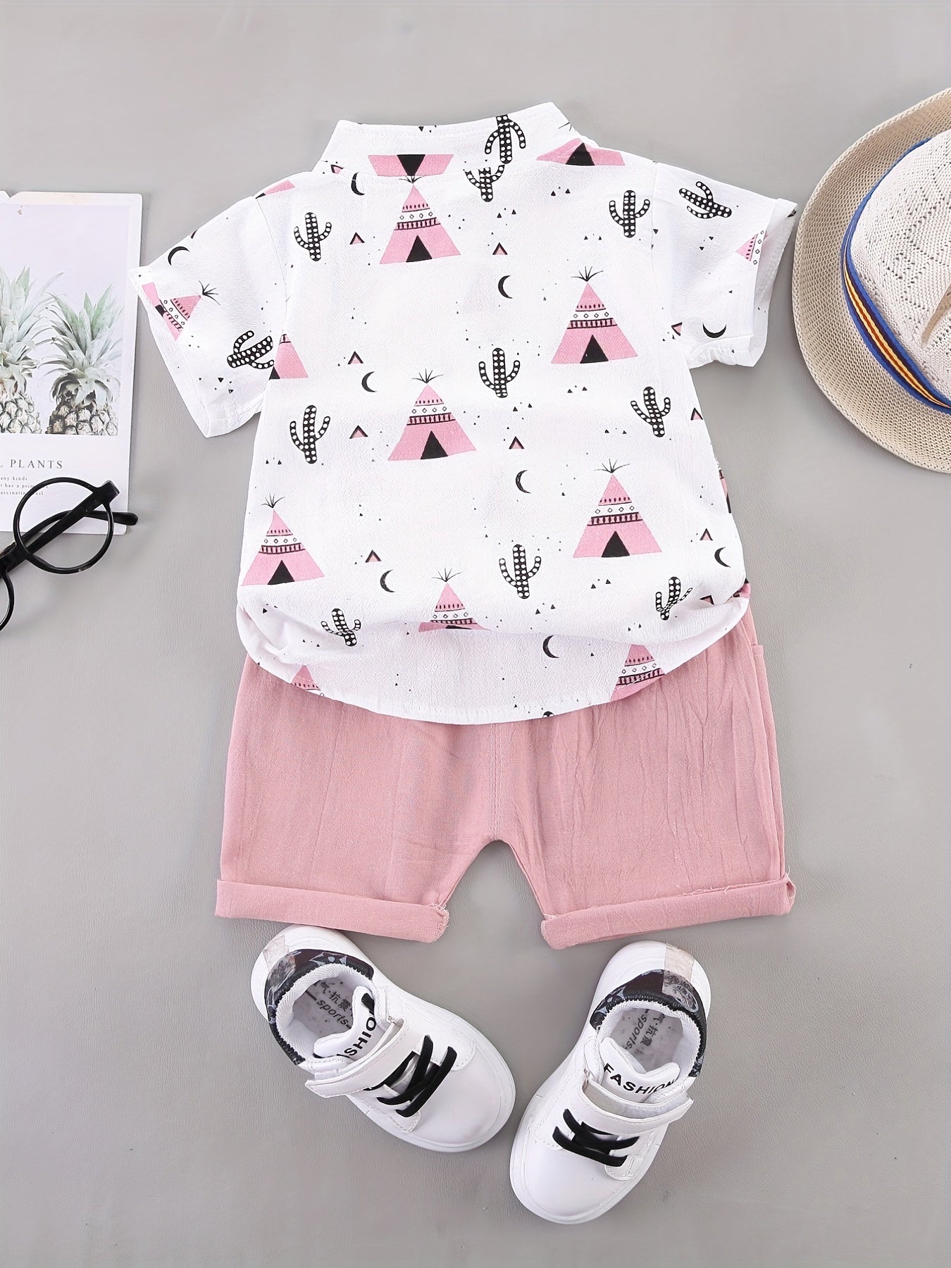 2pcs Baby Boys Cactus Print Short Sleeve Shirt & Shorts Set