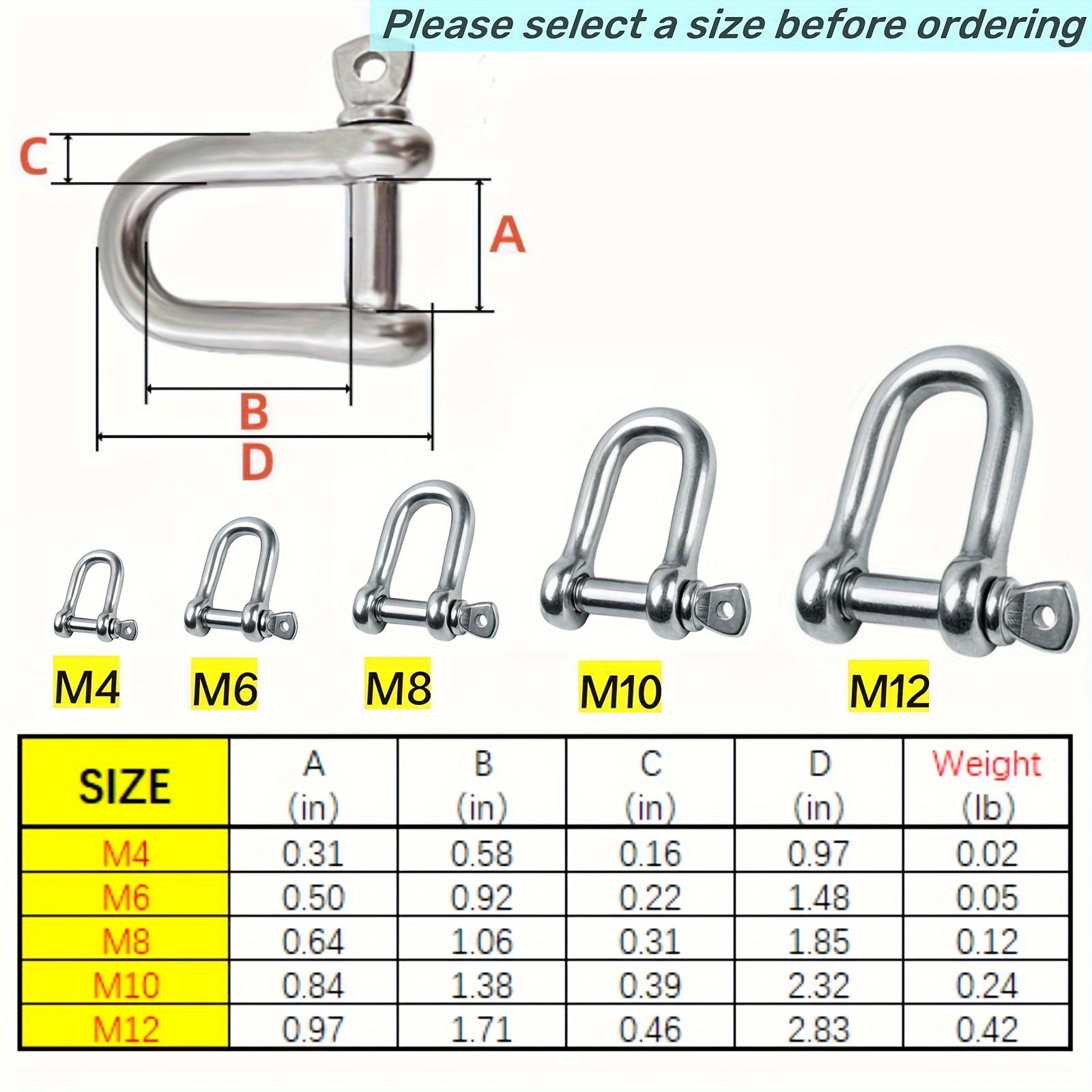 4pcs Stainless Steel 304 D Shackle Chains Wirerope Lifting