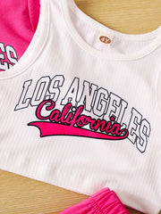 Girl's LA Print 2pcs Tank Top & Crop Hoodie & Sweatpants Set
