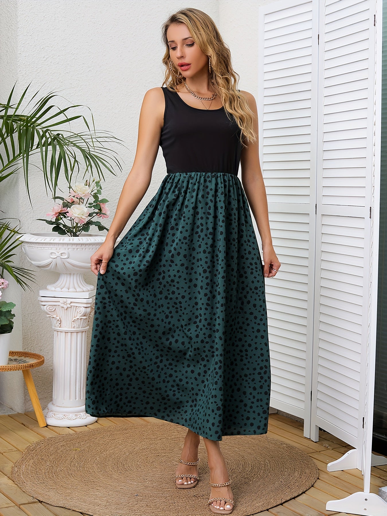 Leopard Print Crew Neck Tank Dress Sleeveless Boho Dress
