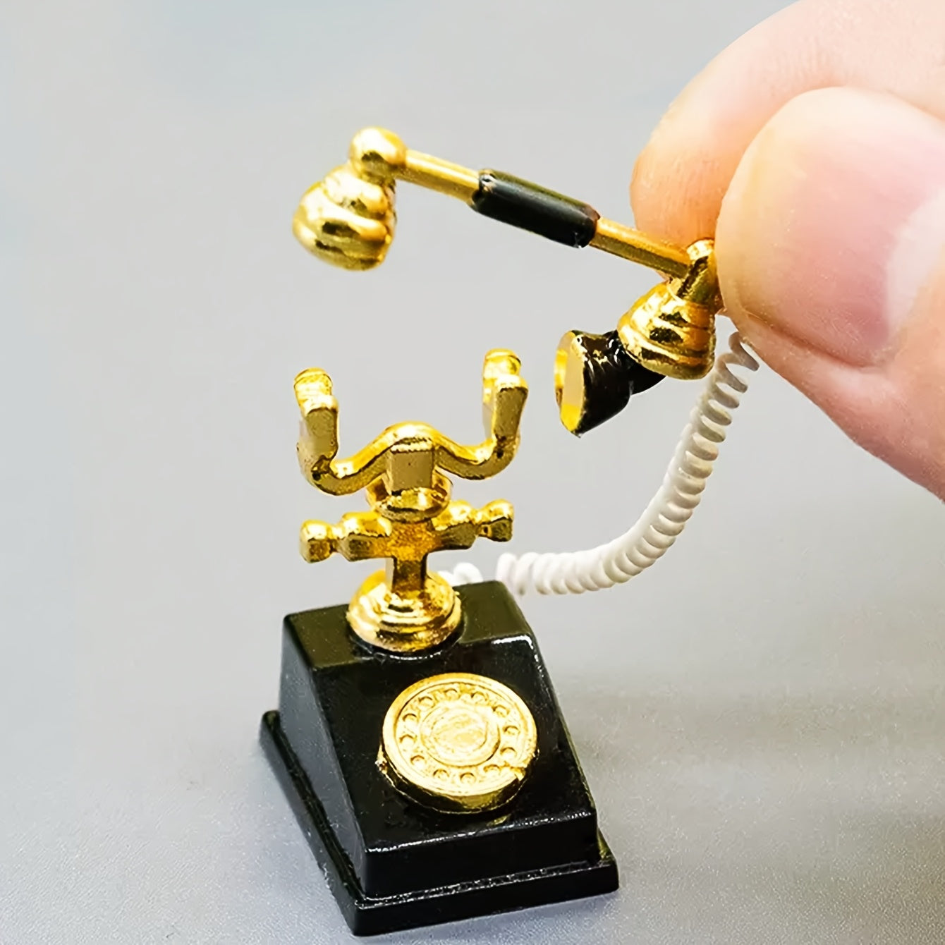 1:12 Scale Retro Metal Rotary Phone Miniatures, Pink/Red with Golden Dial & Hand