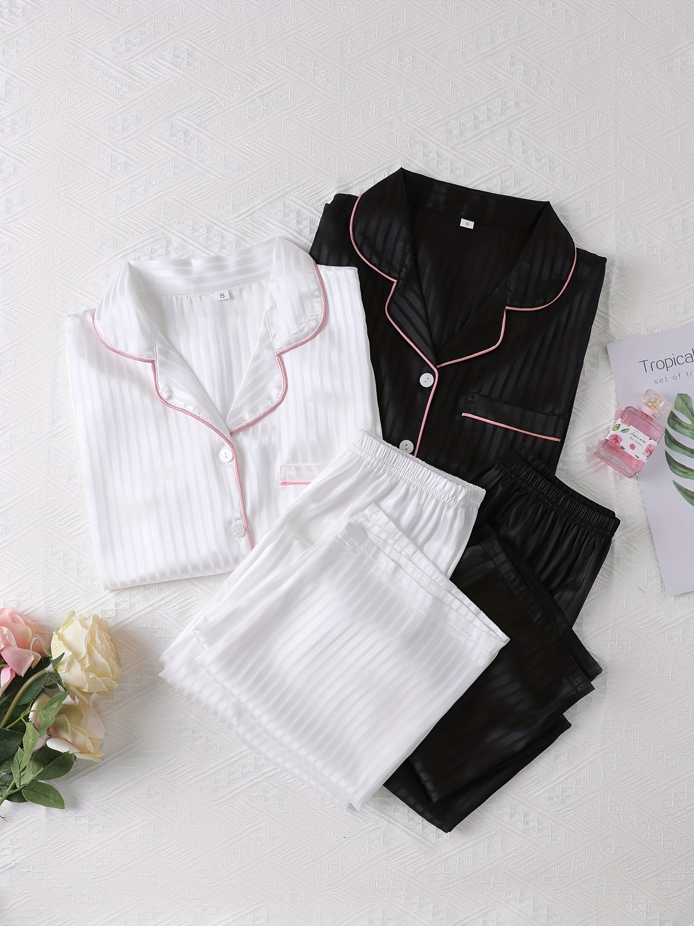 Striped Satin Lounge Set Long Sleeve Top & Pants Women's Loungewear