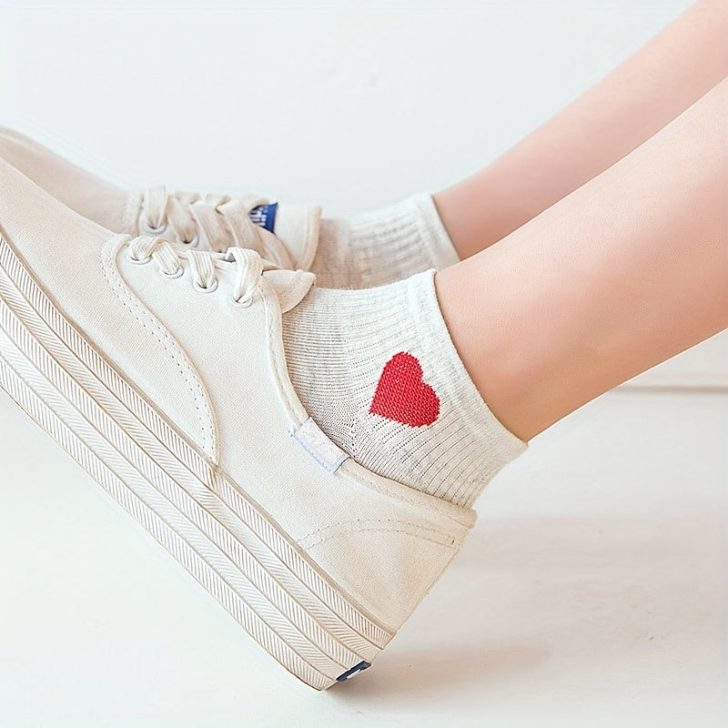 5 Pairs Heart Print Crew Socks Women's Stockings