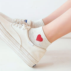 5 Pairs Heart Print Crew Socks Women's Stockings