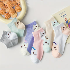 6 Pairs Cartoon Cat Print Socks & Sports Short Socks Women's Stockings