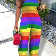 Stripe Print Sleeveless Jumpsuit with Pockets