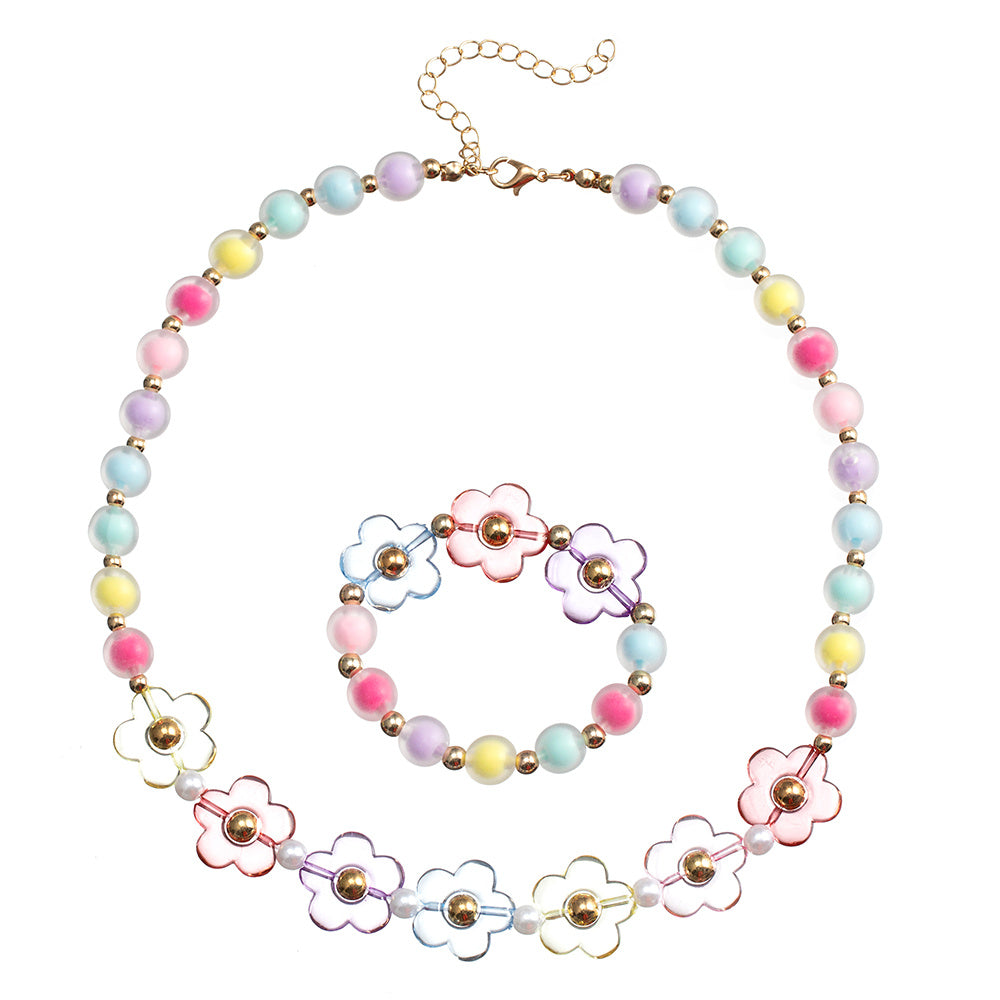 Kids Colorful Floral Beaded Bracelet Necklace Set