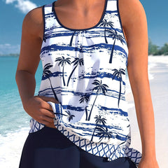 Tropical Print Tankini Set Round Neck Knot Side Swimwear 2 Piece Set