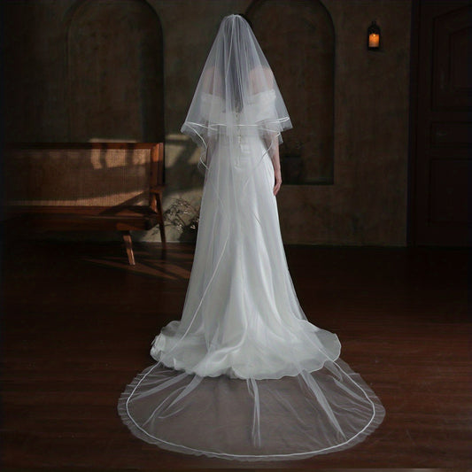 Double Layer Bridal Head Veil with Comb and Satin Edge