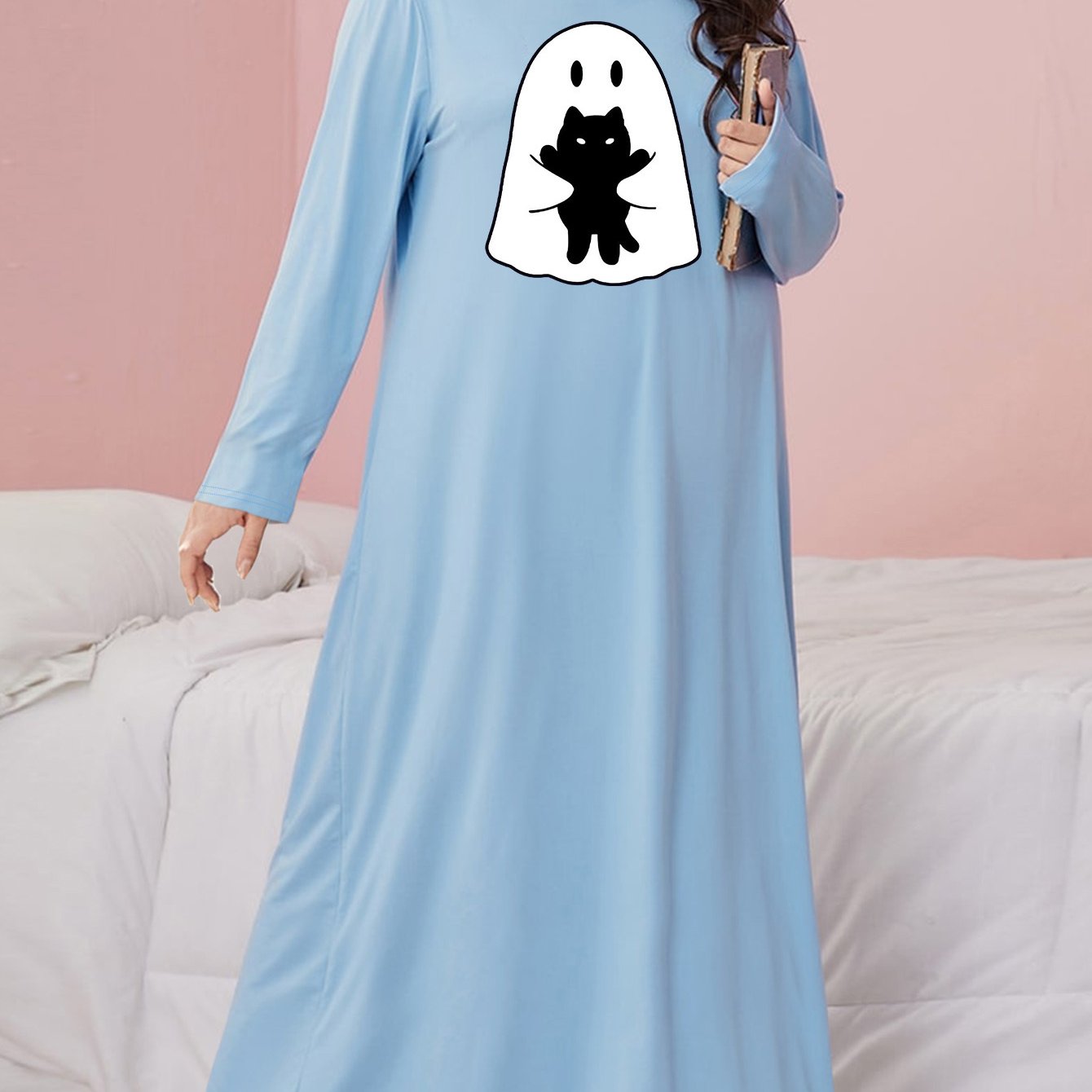 Plus Size Ghost & Cat Print Halloween Nightdress Long Sleeve
