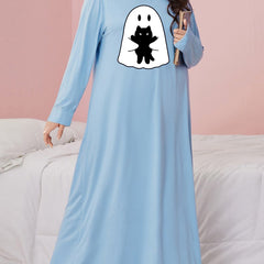 Plus Size Ghost & Cat Print Halloween Nightdress Long Sleeve