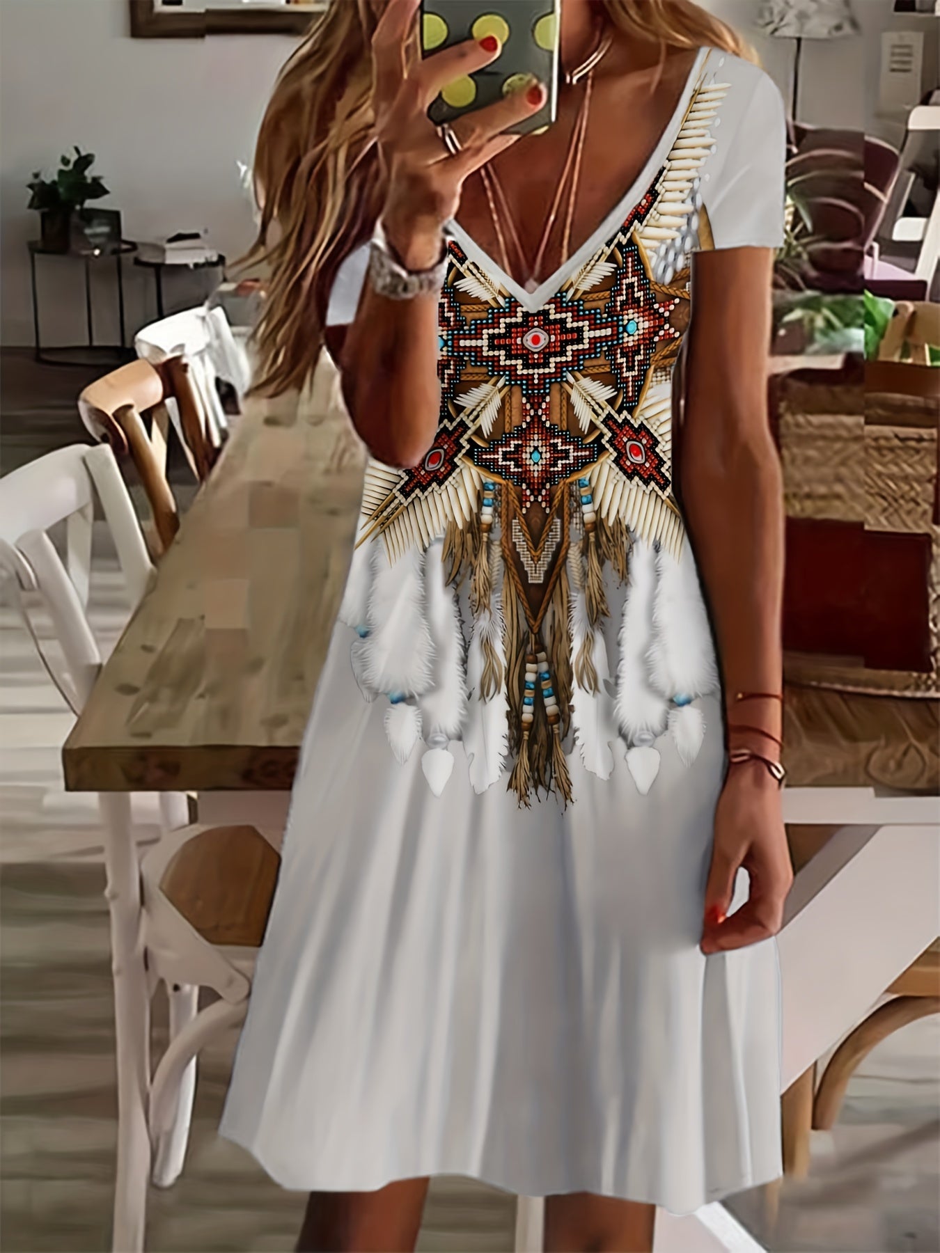 Vintage V Neck Eagle Print Ethnic Dress Women's Clothing