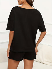 Casual Two Piece Set Short Sleeve Drop Shoulder Tops & Drawstring Shorts