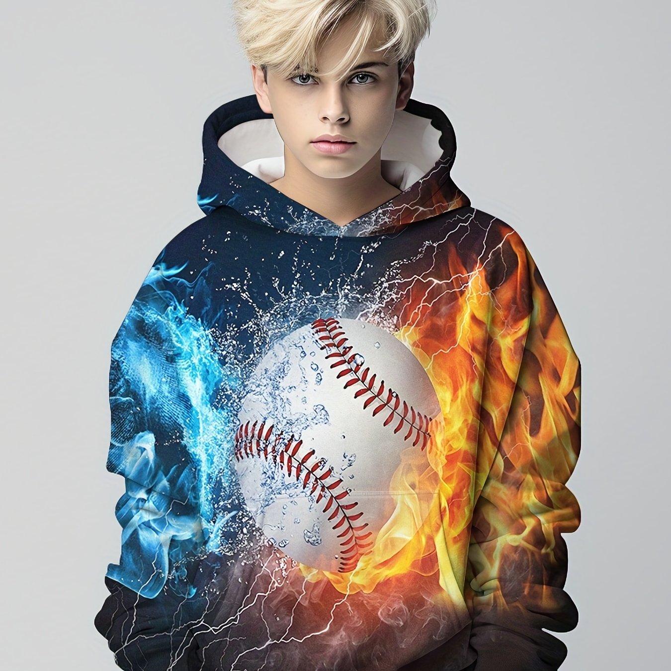 Boy's Baseball Print Hoodie Kid's Hooded Sweatshirt