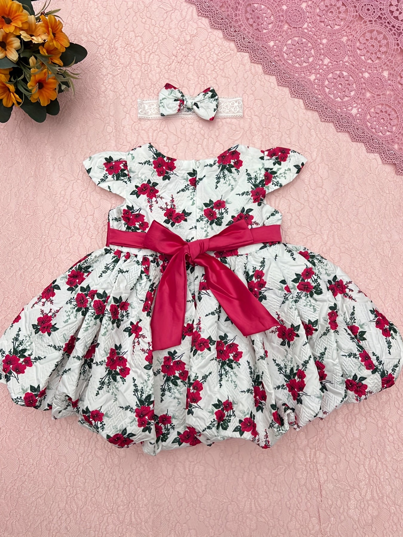 Baby Girl's Floral Print Pleated Dress Flutter Sleeve