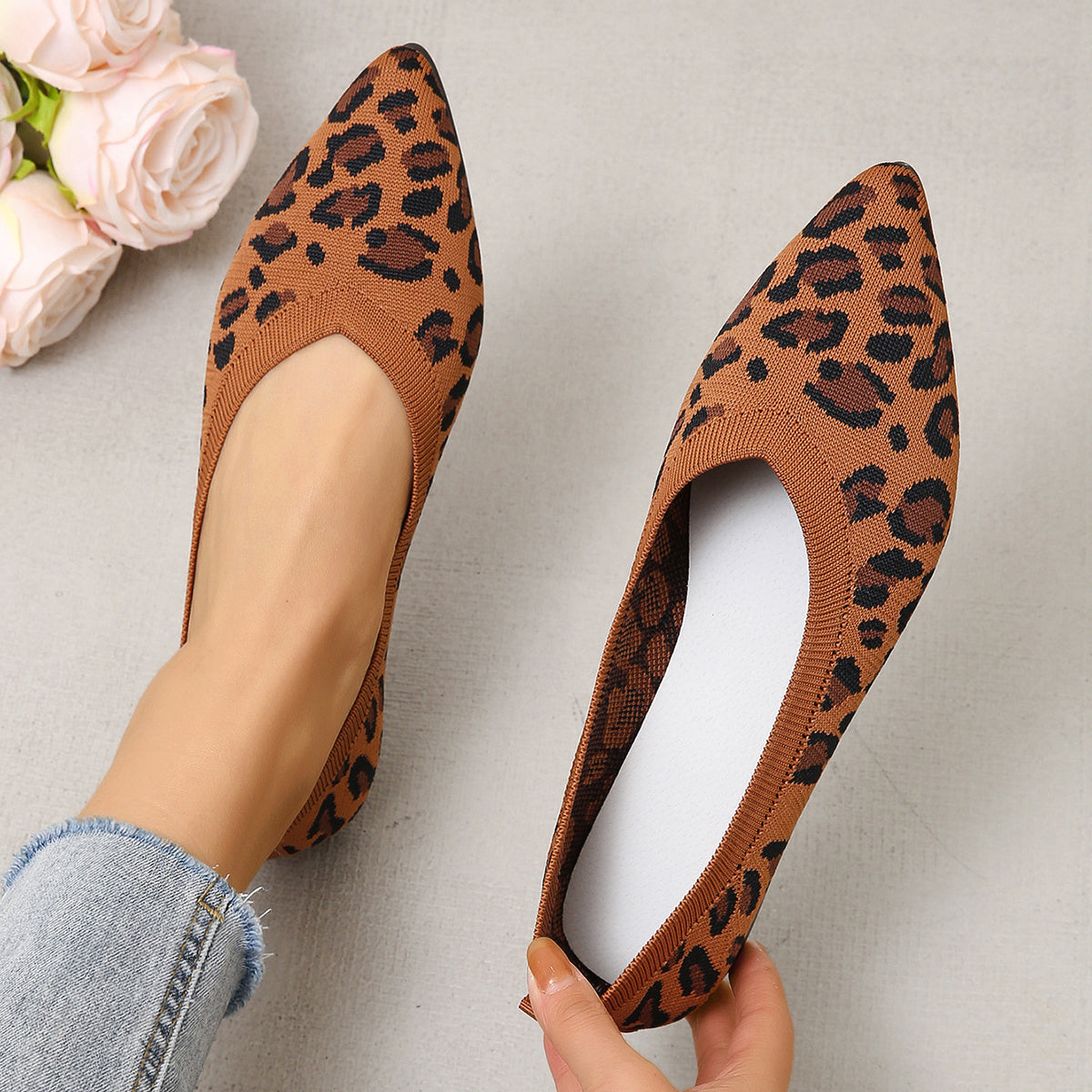 Leopard Pattern Ballet Shoes Pointed Toe Knitting Flat Slip On Shoes