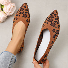 Leopard Pattern Ballet Shoes Pointed Toe Knitting Flat Slip On Shoes