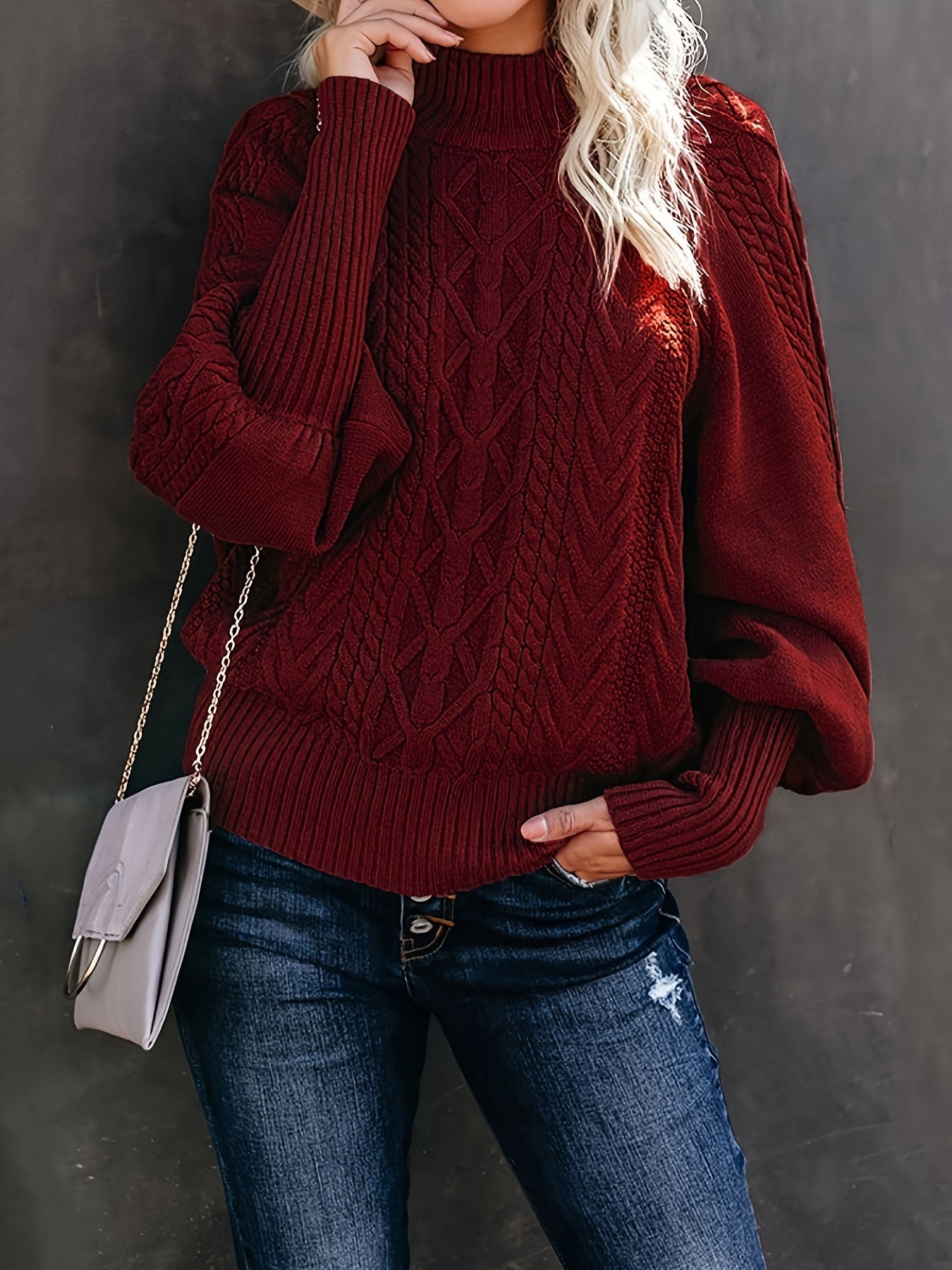 Solid Cable Lantern Sleeve Sweater