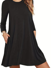 Solid Dress Casual Crew Neck Long Sleeve Versatile Dress