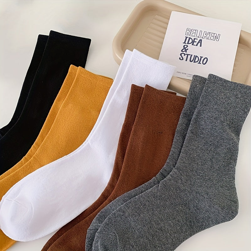 5 Pairs Women's Comfy Mid Tube Socks - Solid Color Breathable Stockings