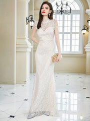 Lace Backless Maxi Wedding Dress Sleeveless Solid