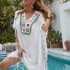 Crochet Hollow Out V Neck Kaftan Loose Boho Cover Up