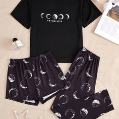 Moon Print Pajamas Set Short Sleeve Top & Shorts & Pants