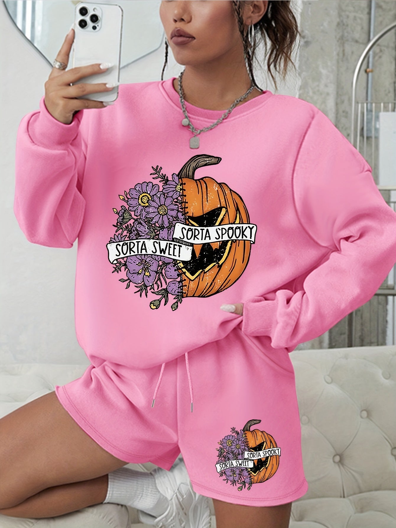 Women's Plus Pumpkin Print Sweatshirt & Shorts 2pcs Set