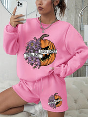 Women's Plus Pumpkin Print Sweatshirt & Shorts 2pcs Set