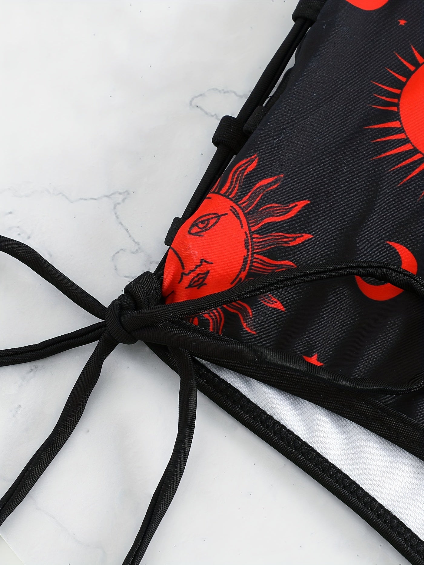 Gothic Bikini Set Sun & Moon Print Lace Up Halter Bra & Panty Swimsuit