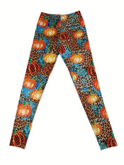 Pumpkin & Leopard Print Skinny Leggings Women's Clothing