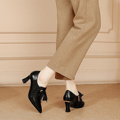 Women's Pointed Toe Lace Booties Block Heel Shoes