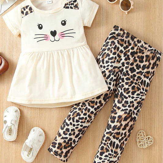 2pcs Girls Cat Cartoon Shirt & Leopard Print Pants Set