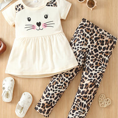 2pcs Girls Cat Cartoon Shirt & Leopard Print Pants Set