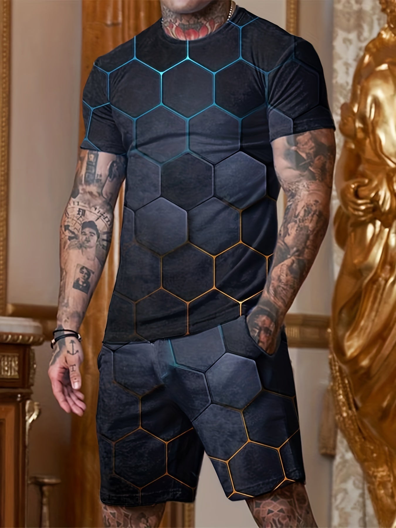Geometric Pattern Print Men's 2Pcs Outfits Short Sleeve T-shirt And Shorts Set
