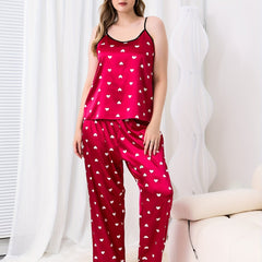 Heart Print Round Neck Satin Cami Top & Pants Set