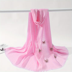 Butterfly Embroidered Scarf Pearl Decorated Thin Fringed Shawl