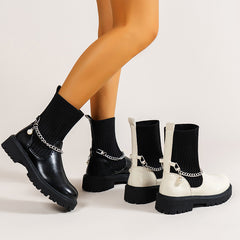 Elastic Pearl Chain Slip On Sock Boot Chunky Heel Round Head Boot