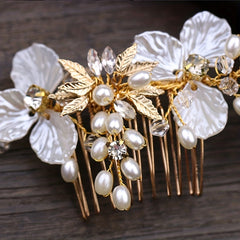 Faux Pearl Hair Comb Flower Hair Comb Golden Leaf Bridal Insert Comb