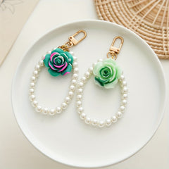 Faux Pearl Wristlet Keychain Gradient Matte Flower Key Chain