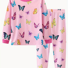 Girls Butterfly Print Pajamas Set Long Sleeve Top & Pants